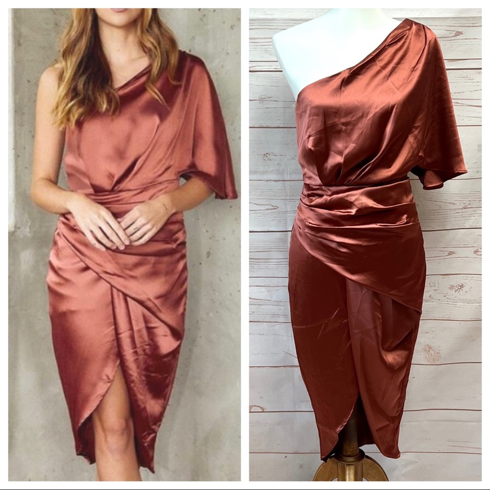 NWT Do + Be Copper Satin Asymmetrical Draped One Shoulder Dress